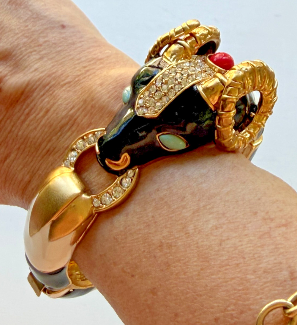 J Crew Gold, Multi Colored Enamel & Rhinestone Horned Ram's Head Bracelet